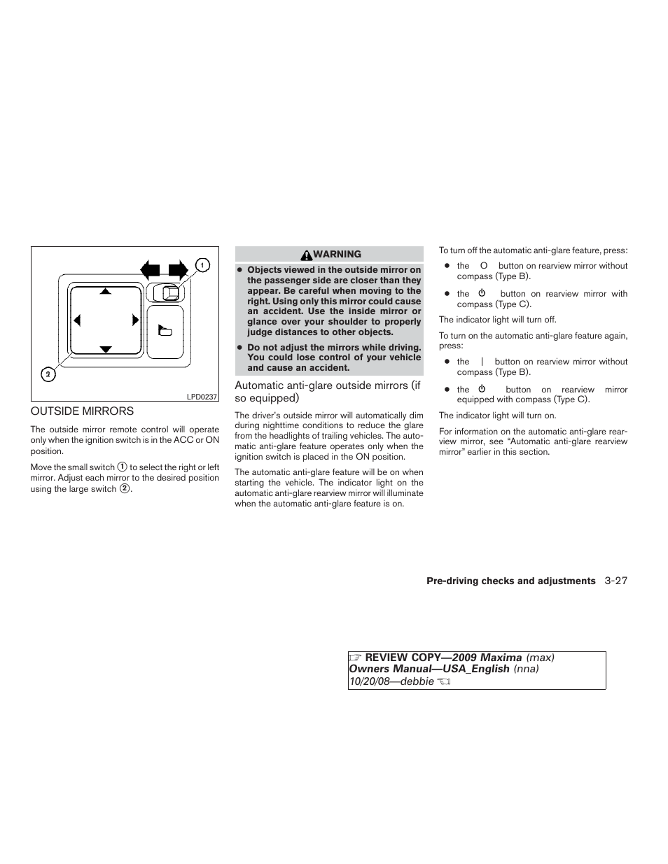 Outside mirrors -27 | NISSAN 2009 Maxima - Owner's Manual User Manual | Page 148 / 419