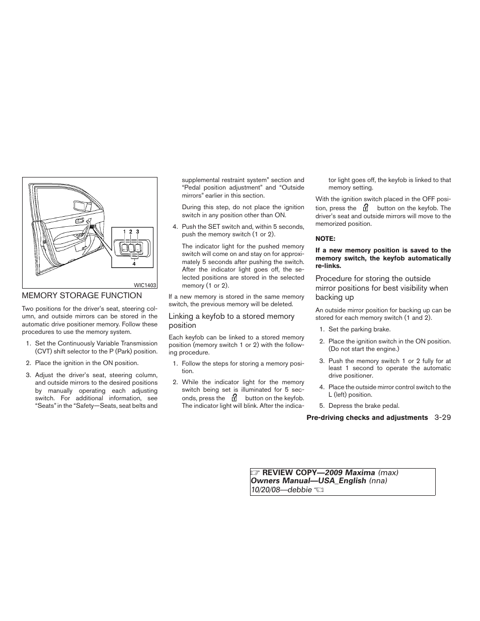 Memory storage function -29 | NISSAN 2009 Maxima - Owner's Manual User Manual | Page 150 / 419