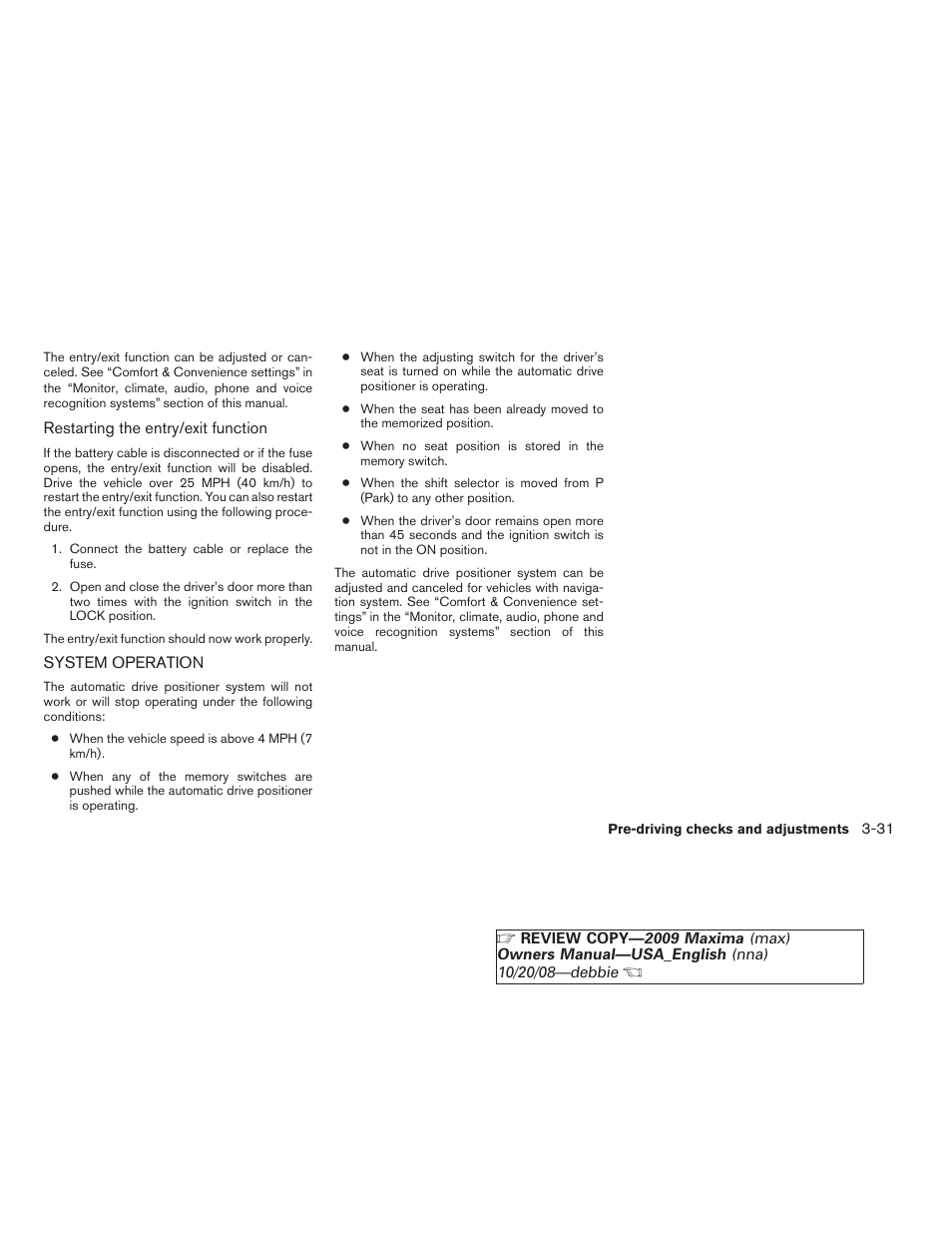 System operation -31 | NISSAN 2009 Maxima - Owner's Manual User Manual | Page 152 / 419