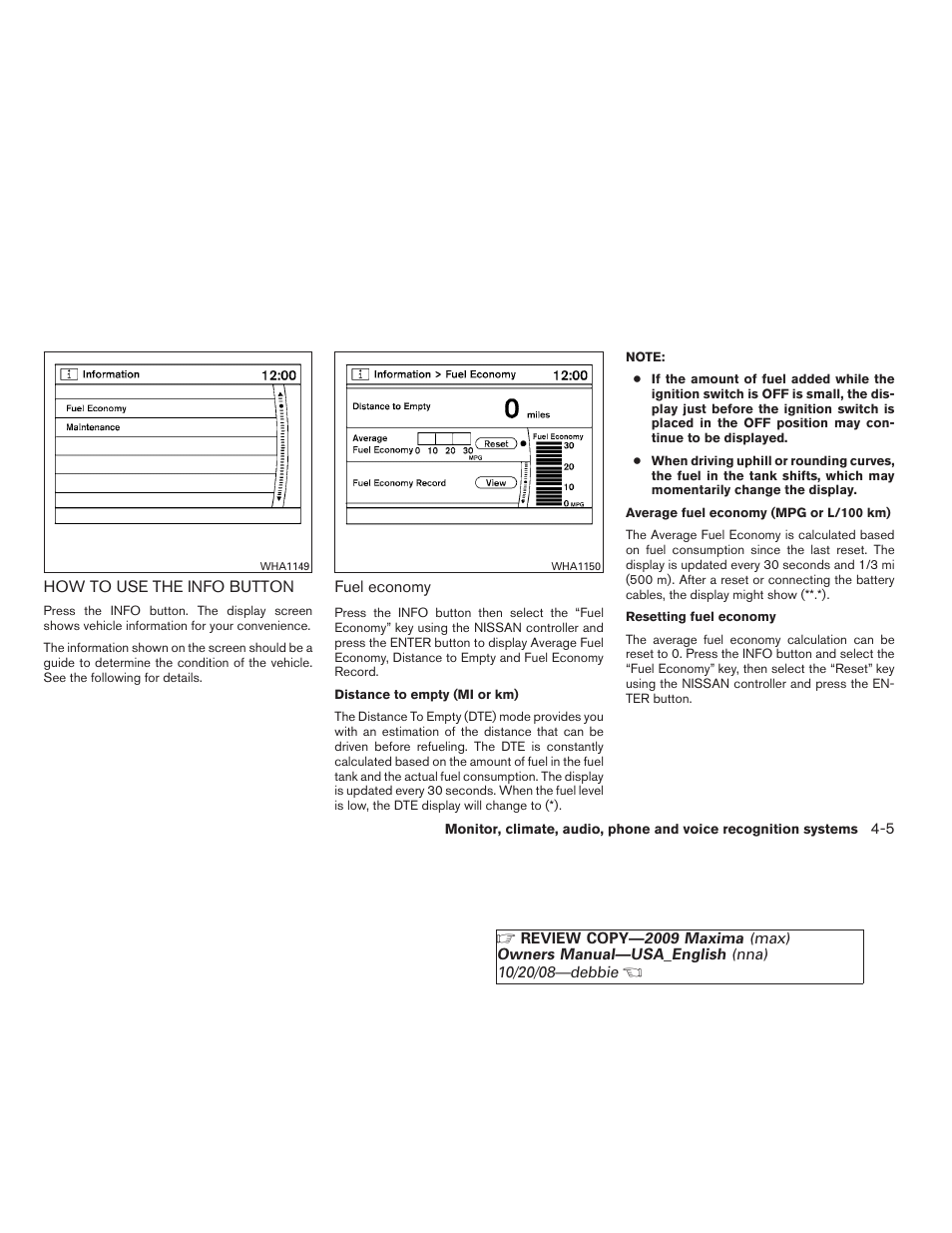 How to use the info button -5 | NISSAN 2009 Maxima - Owner's Manual User Manual | Page 158 / 419