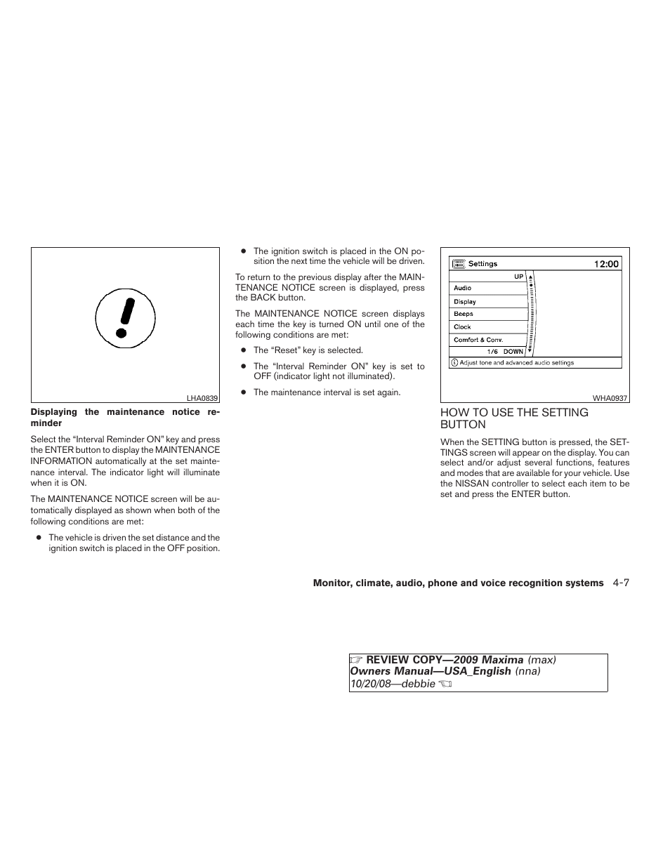 How to use the setting button -7 | NISSAN 2009 Maxima - Owner's Manual User Manual | Page 160 / 419