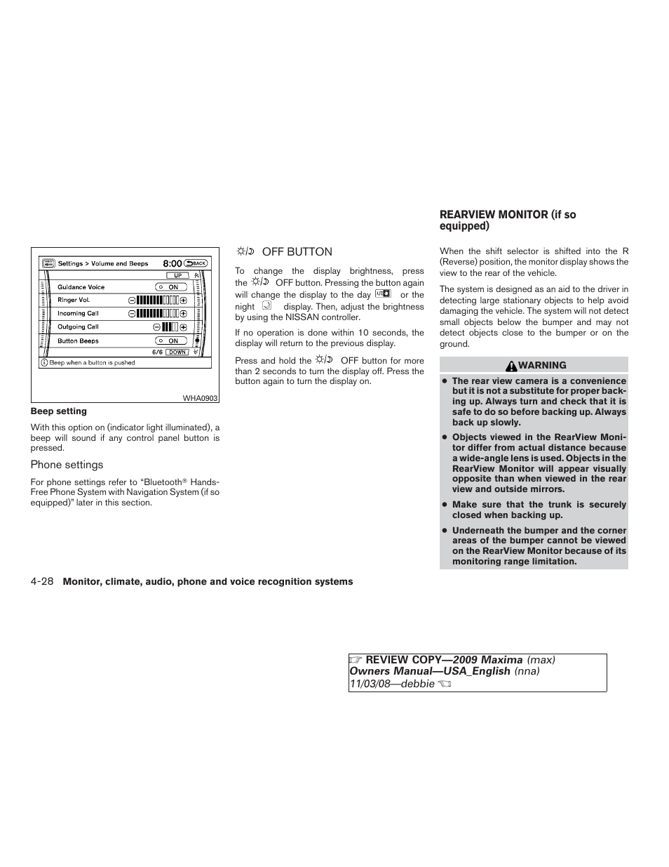 Off button -28, Rearview monitor (if so equipped) -28 | NISSAN 2009 Maxima - Owner's Manual User Manual | Page 181 / 419