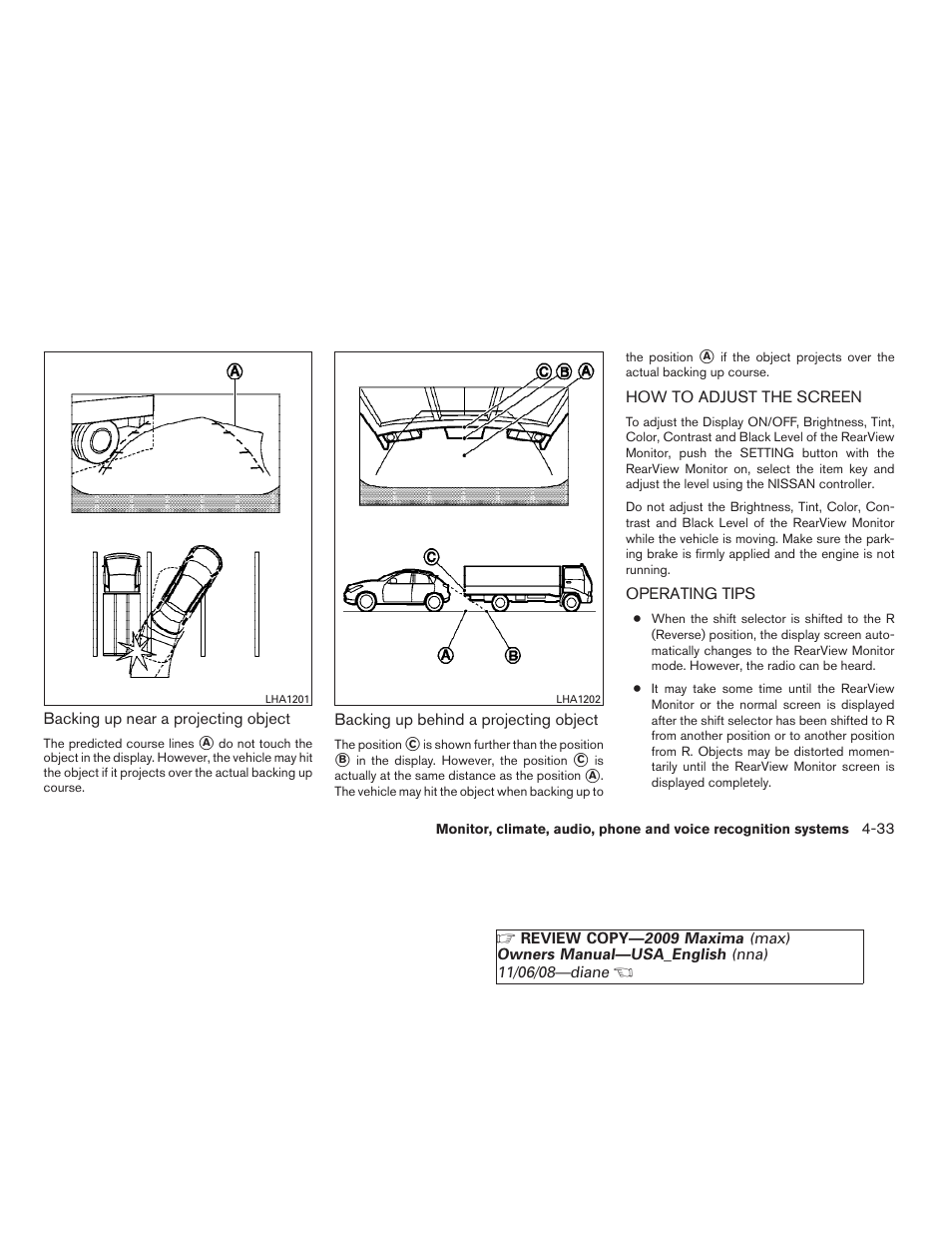 How to adjust the screen -33 operating tips -33 | NISSAN 2009 Maxima - Owner's Manual User Manual | Page 186 / 419