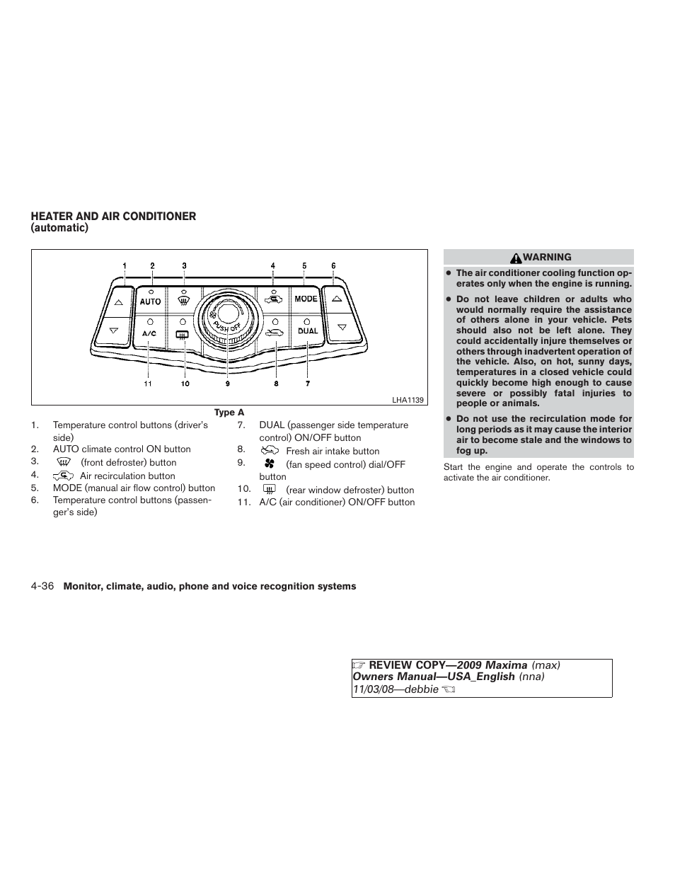 Heater and air conditioner (automatic) -36 | NISSAN 2009 Maxima - Owner's Manual User Manual | Page 189 / 419