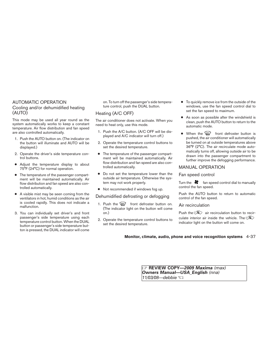 Automatic operation -37 manual operation -37 | NISSAN 2009 Maxima - Owner's Manual User Manual | Page 190 / 419