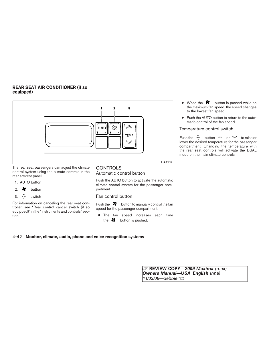 Rear seat air conditioner (if so equipped) -42, Controls -42 | NISSAN 2009 Maxima - Owner's Manual User Manual | Page 195 / 419