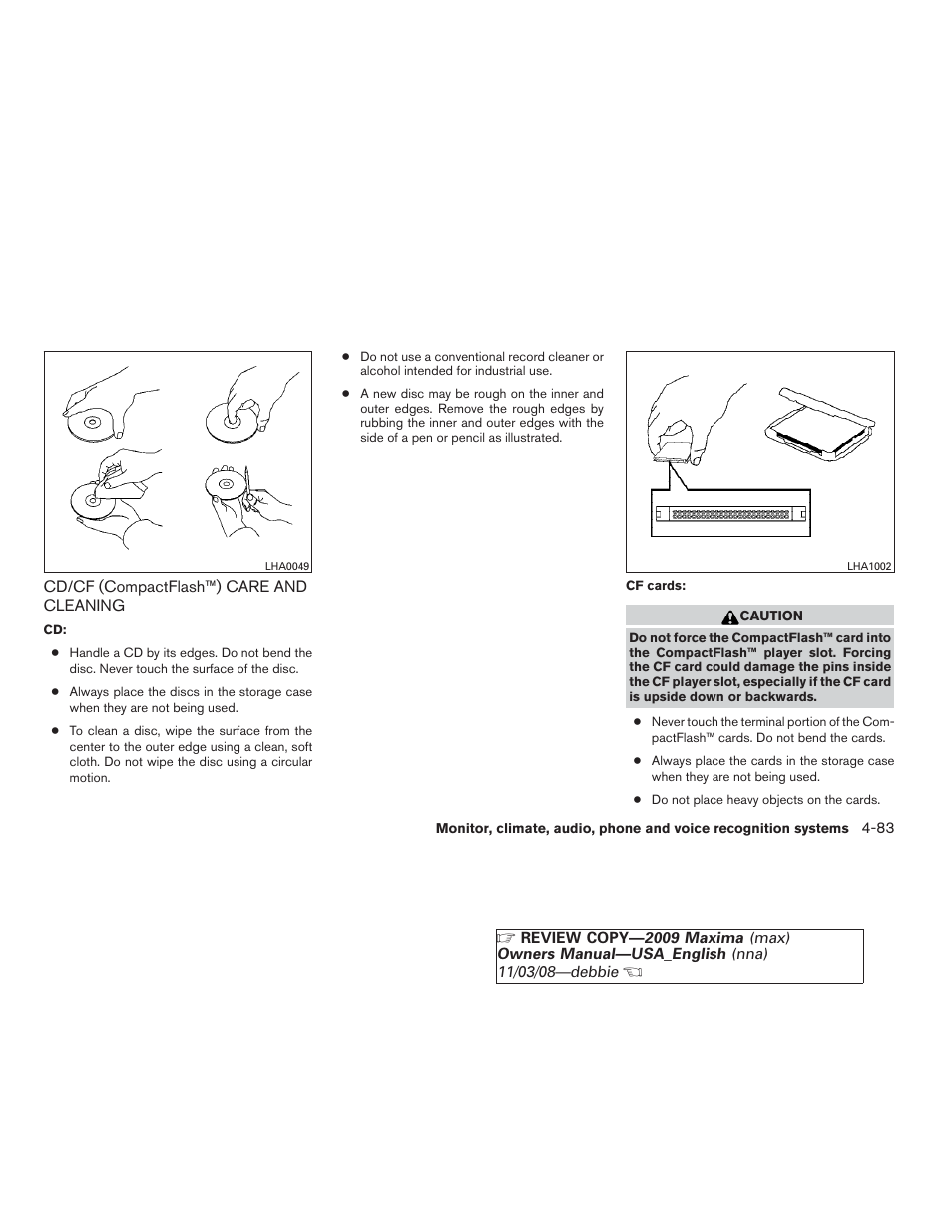 Cd/cf (compactflash™) care and cleaning -83 | NISSAN 2009 Maxima - Owner's Manual User Manual | Page 236 / 419