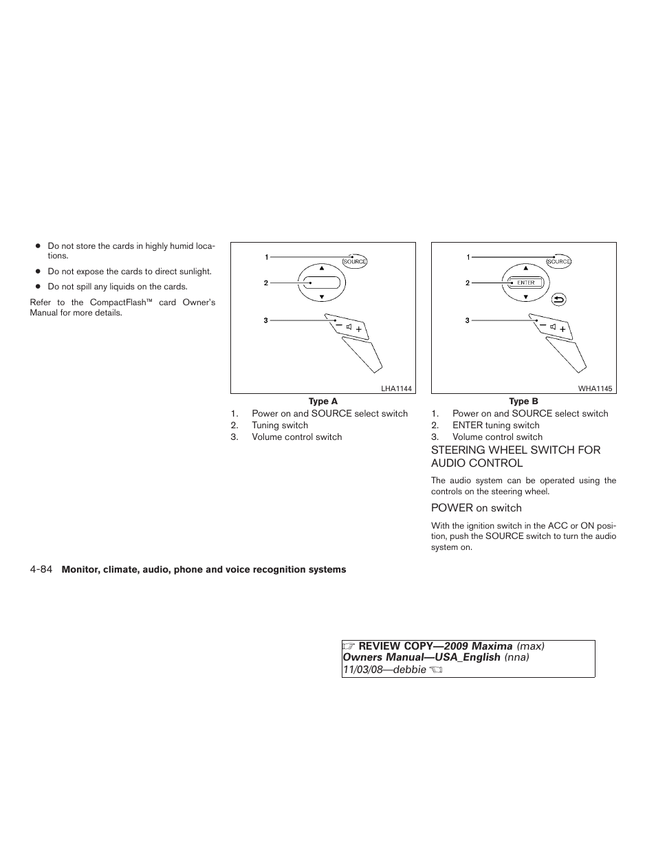 Steering wheel switch for audio control -84 | NISSAN 2009 Maxima - Owner's Manual User Manual | Page 237 / 419