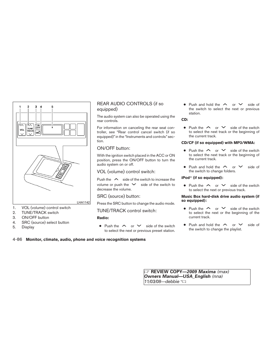 Rear audio controls (if so equipped) -86 | NISSAN 2009 Maxima - Owner's Manual User Manual | Page 239 / 419