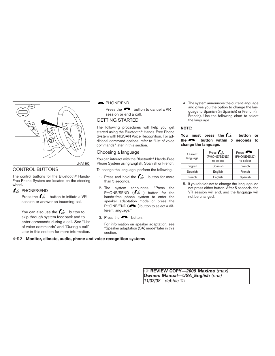 Control buttons -92 getting started -92 | NISSAN 2009 Maxima - Owner's Manual User Manual | Page 245 / 419