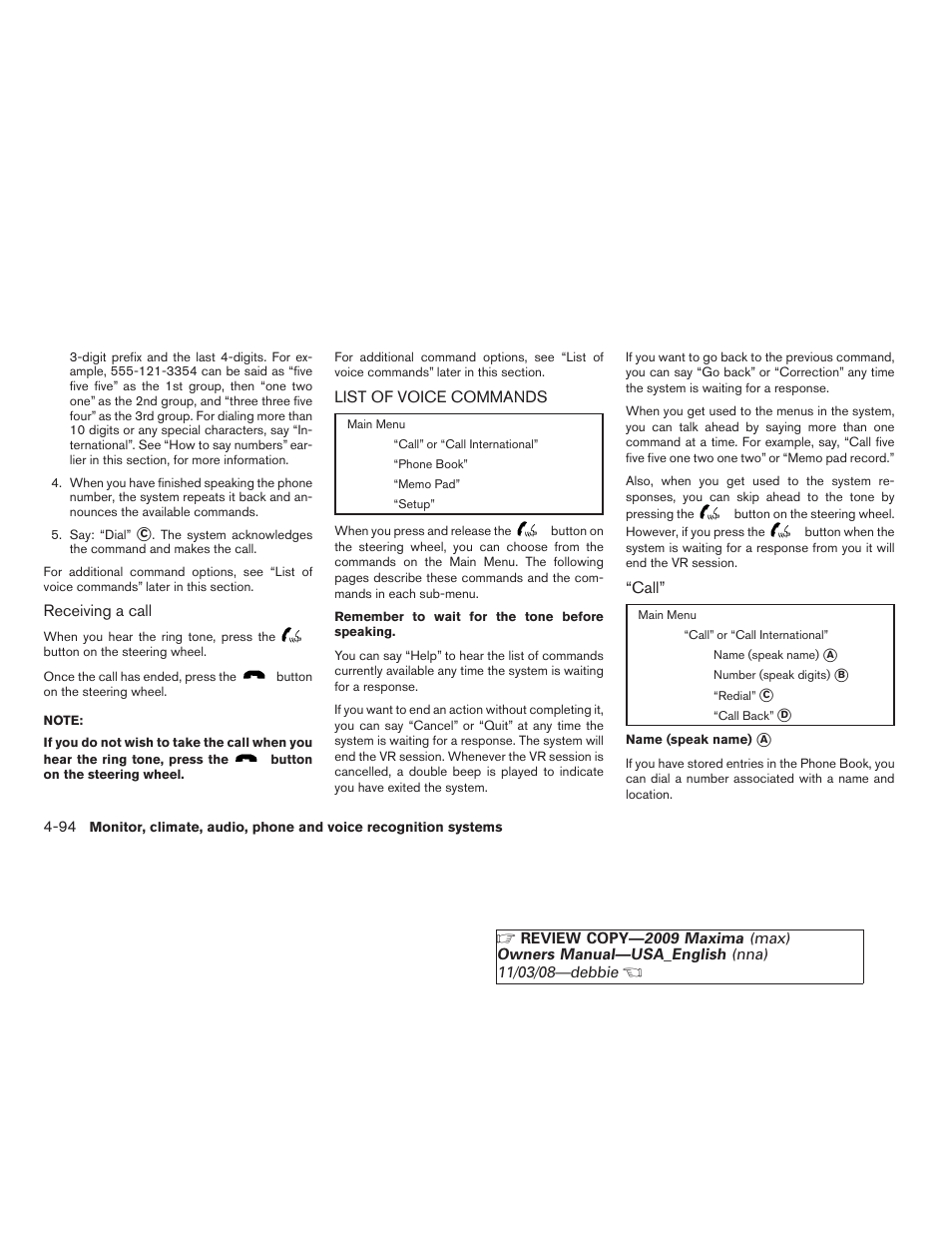 List of voice commands -94 | NISSAN 2009 Maxima - Owner's Manual User Manual | Page 247 / 419