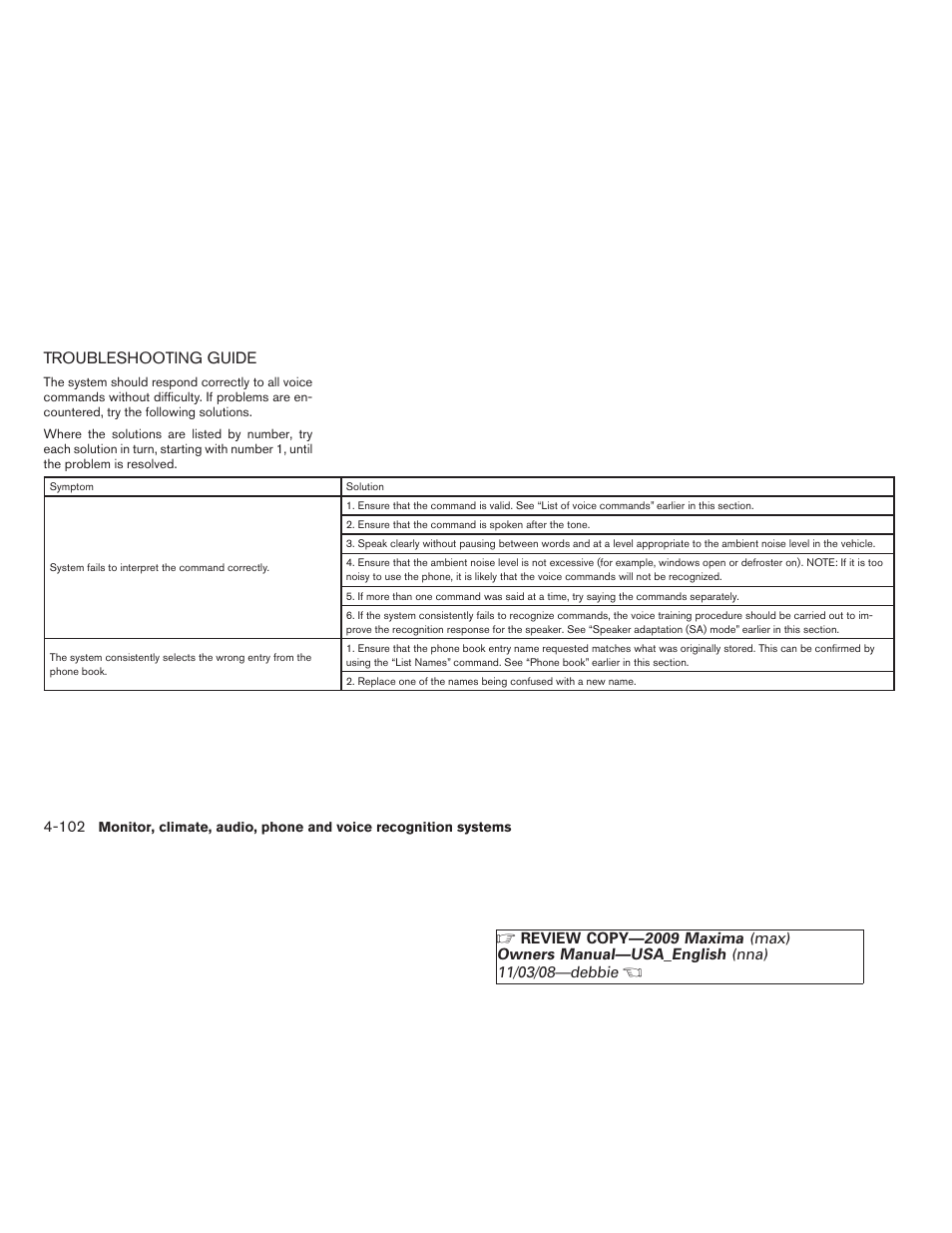 Troubleshooting guide -102, Troubleshooting guide | NISSAN 2009 Maxima - Owner's Manual User Manual | Page 255 / 419