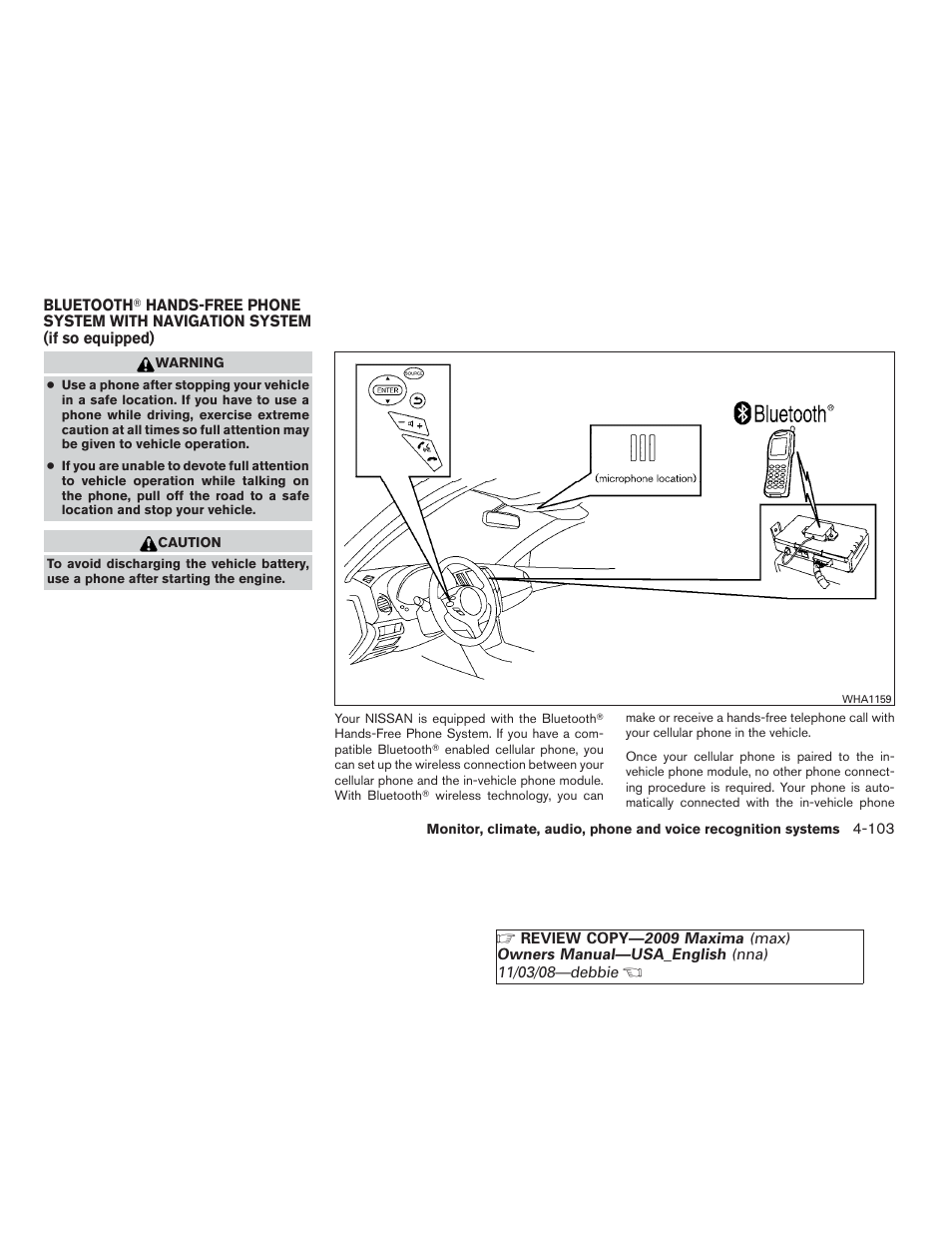 Bluetooth, Hands-free phone system with, Navigation system (if so equipped) -103 | NISSAN 2009 Maxima - Owner's Manual User Manual | Page 256 / 419