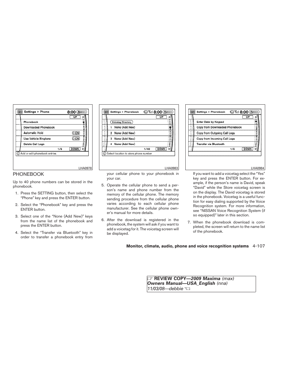 Phonebook -107 | NISSAN 2009 Maxima - Owner's Manual User Manual | Page 260 / 419