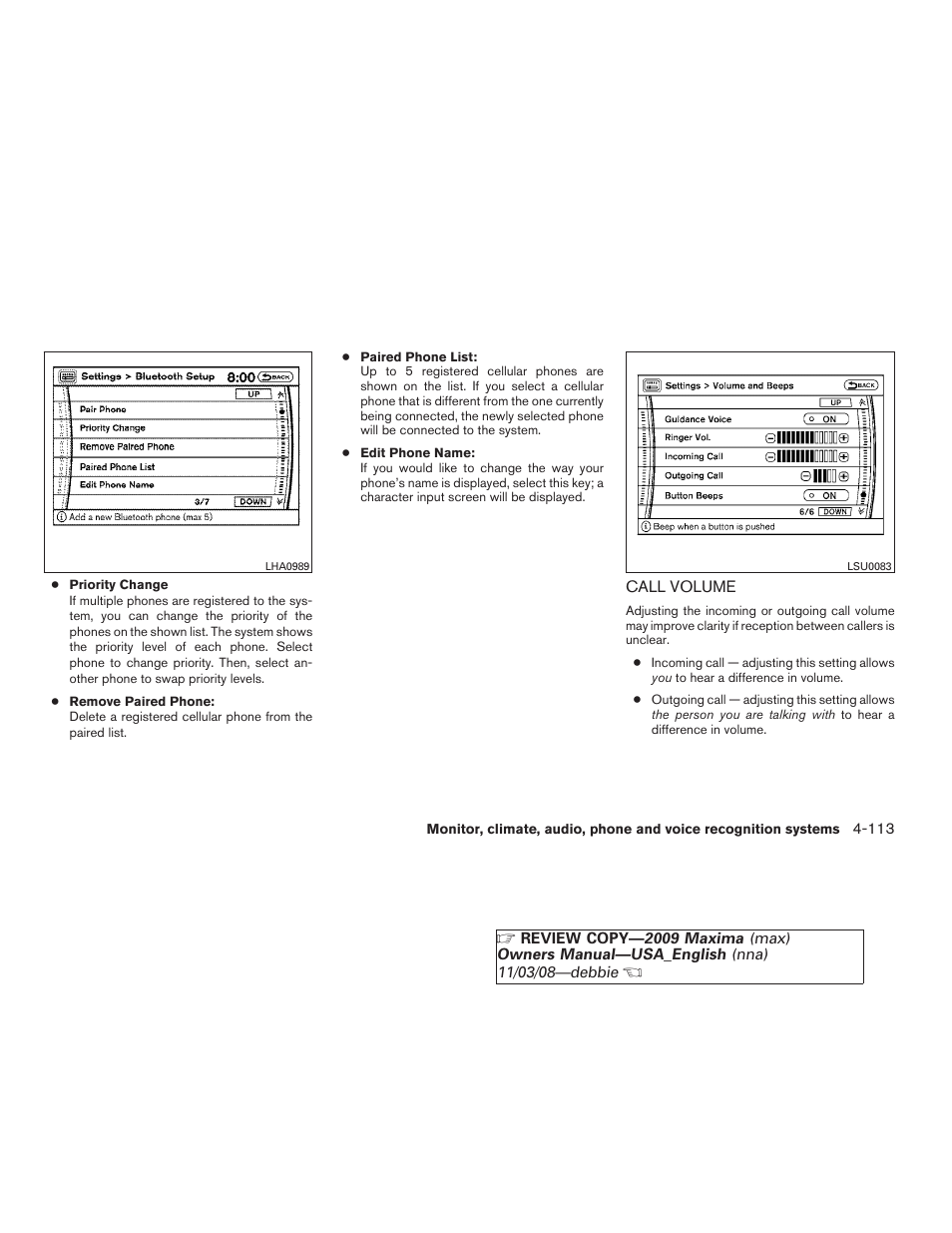 Call volume -113 | NISSAN 2009 Maxima - Owner's Manual User Manual | Page 266 / 419