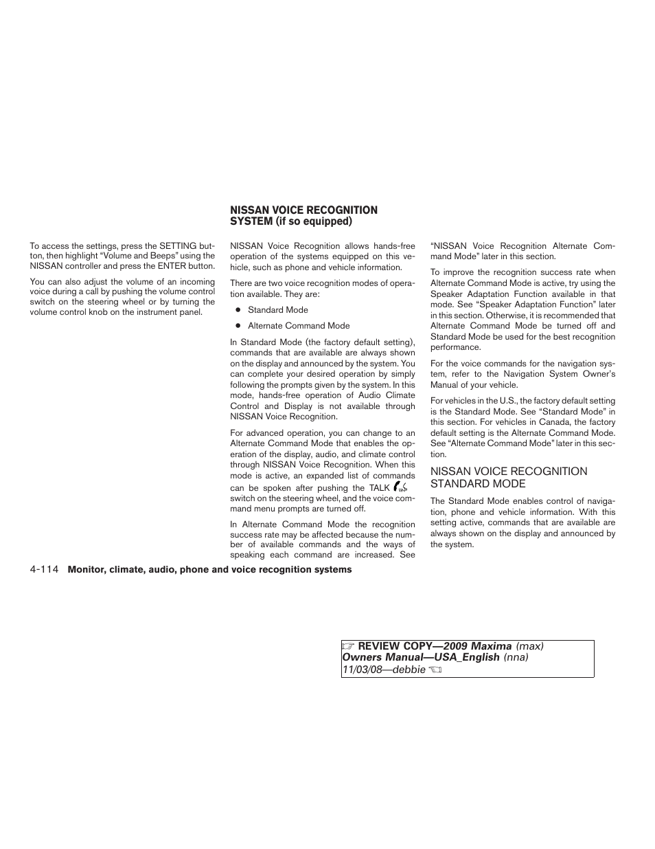 Nissan voice recognition standard mode -114 | NISSAN 2009 Maxima - Owner's Manual User Manual | Page 267 / 419