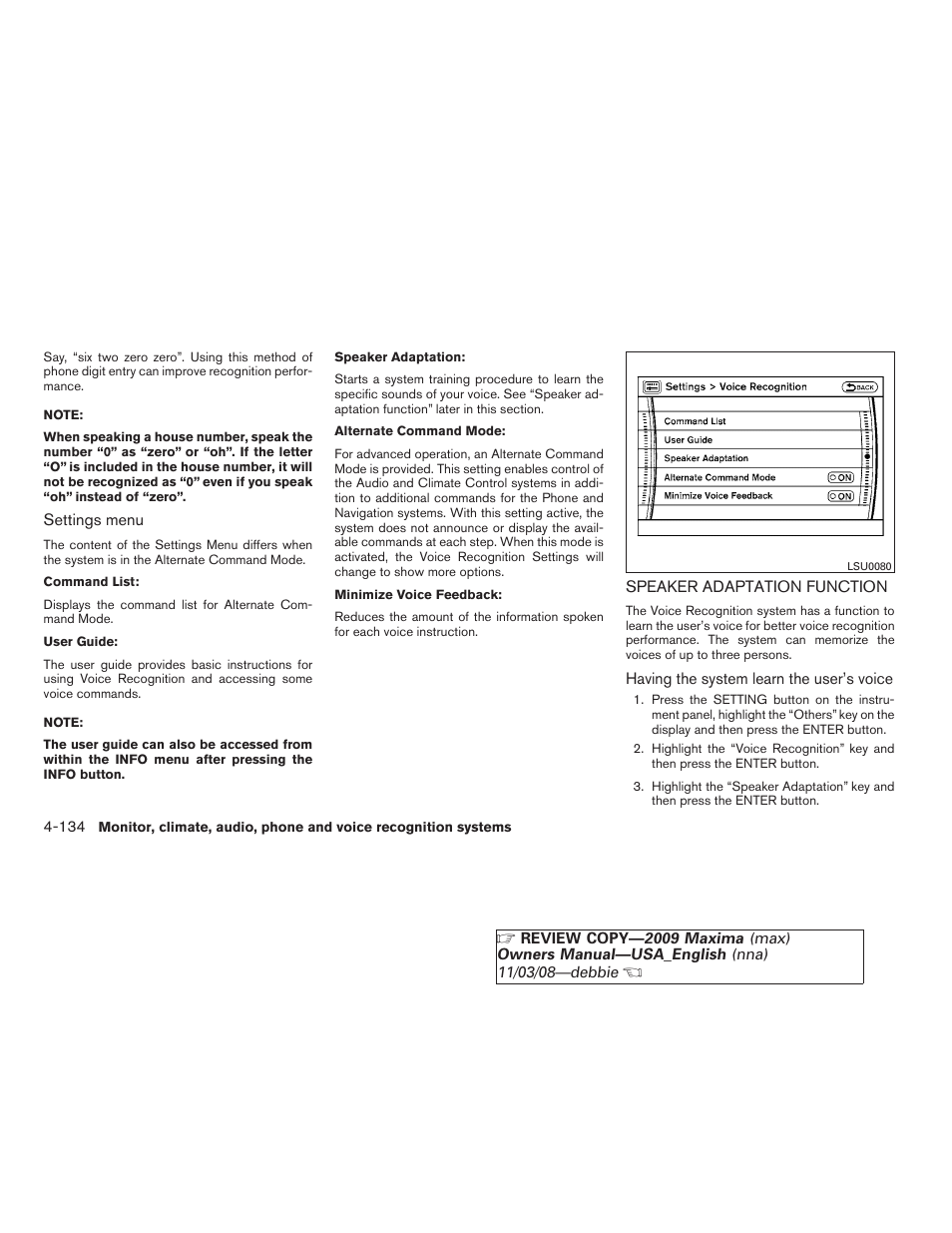 Speaker adaptation function -134 | NISSAN 2009 Maxima - Owner's Manual User Manual | Page 287 / 419