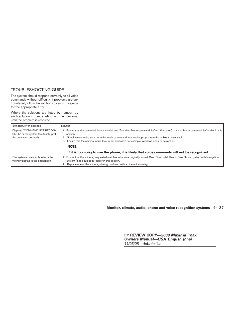 Troubleshooting guide -137, Troubleshooting guide | NISSAN 2009 Maxima - Owner's Manual User Manual | Page 290 / 419