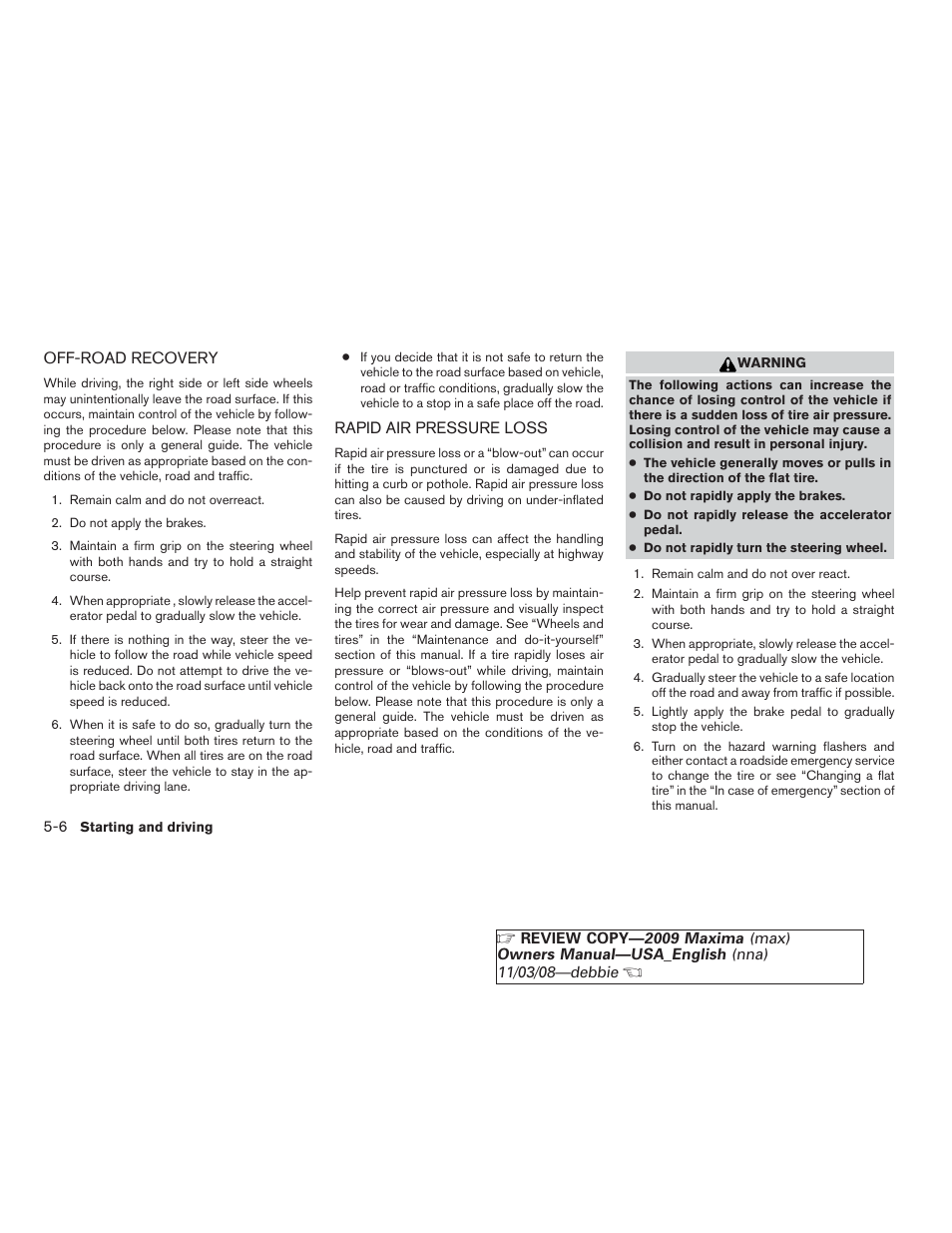 Off-road recovery -6 rapid air pressure loss -6 | NISSAN 2009 Maxima - Owner's Manual User Manual | Page 297 / 419