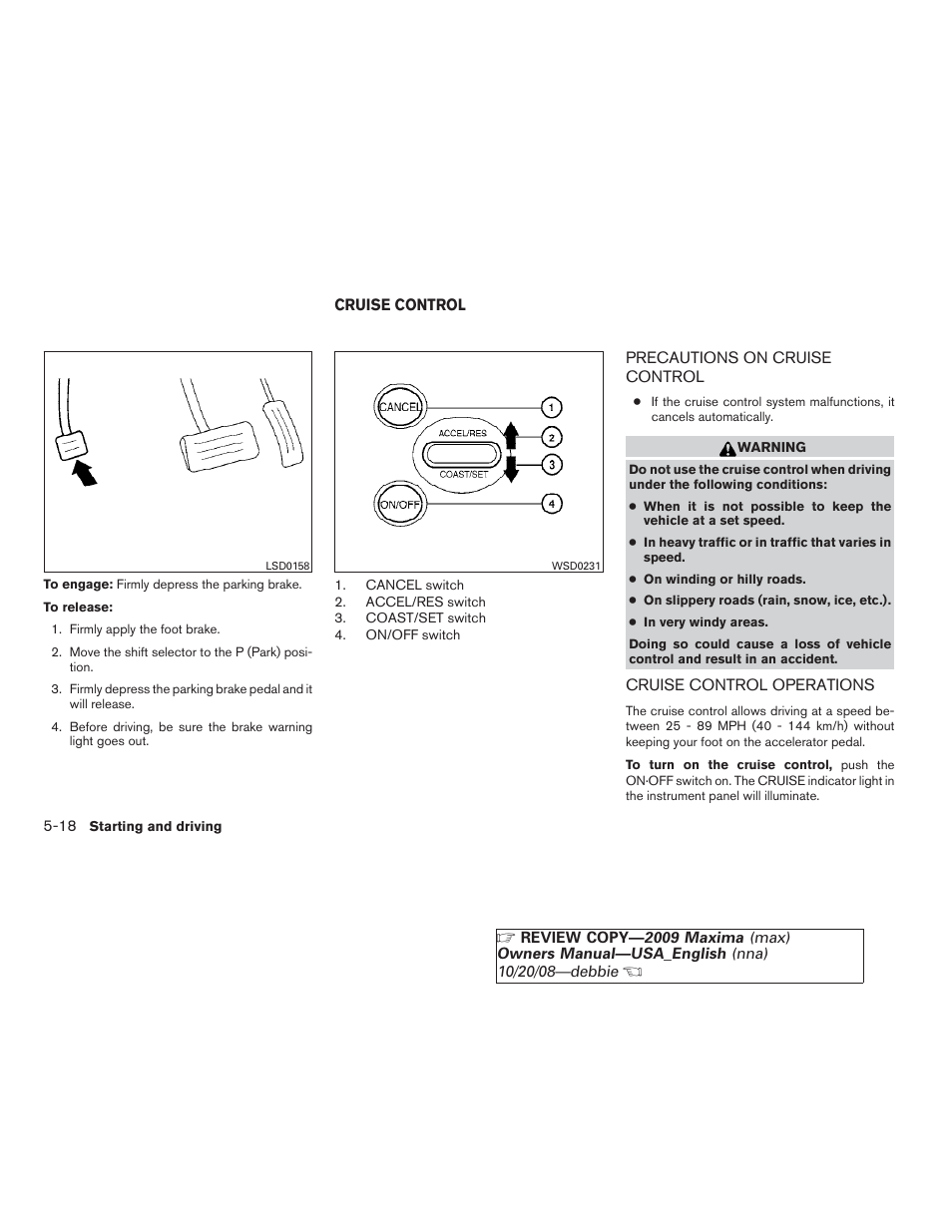 Cruise control -18, Precautions on cruise control -18, Cruise control operations -18 | NISSAN 2009 Maxima - Owner's Manual User Manual | Page 309 / 419