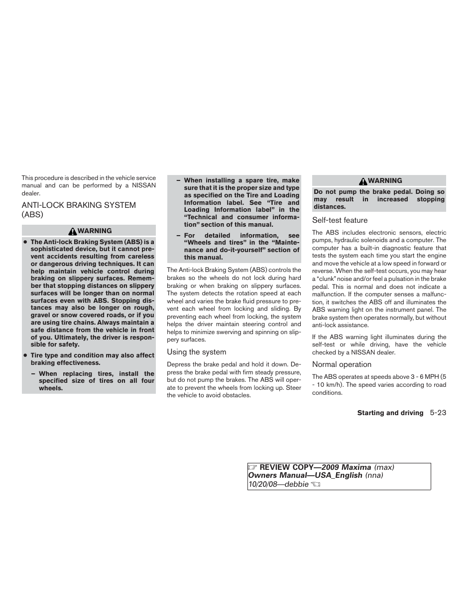 Anti-lock braking system (abs) -23 | NISSAN 2009 Maxima - Owner's Manual User Manual | Page 314 / 419