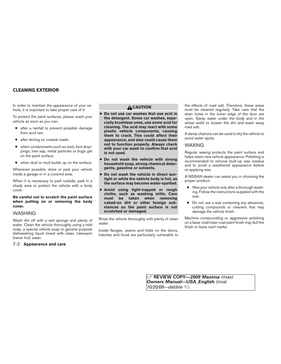 Cleaning exterior -2, Washing -2 waxing -2 | NISSAN 2009 Maxima - Owner's Manual User Manual | Page 335 / 419