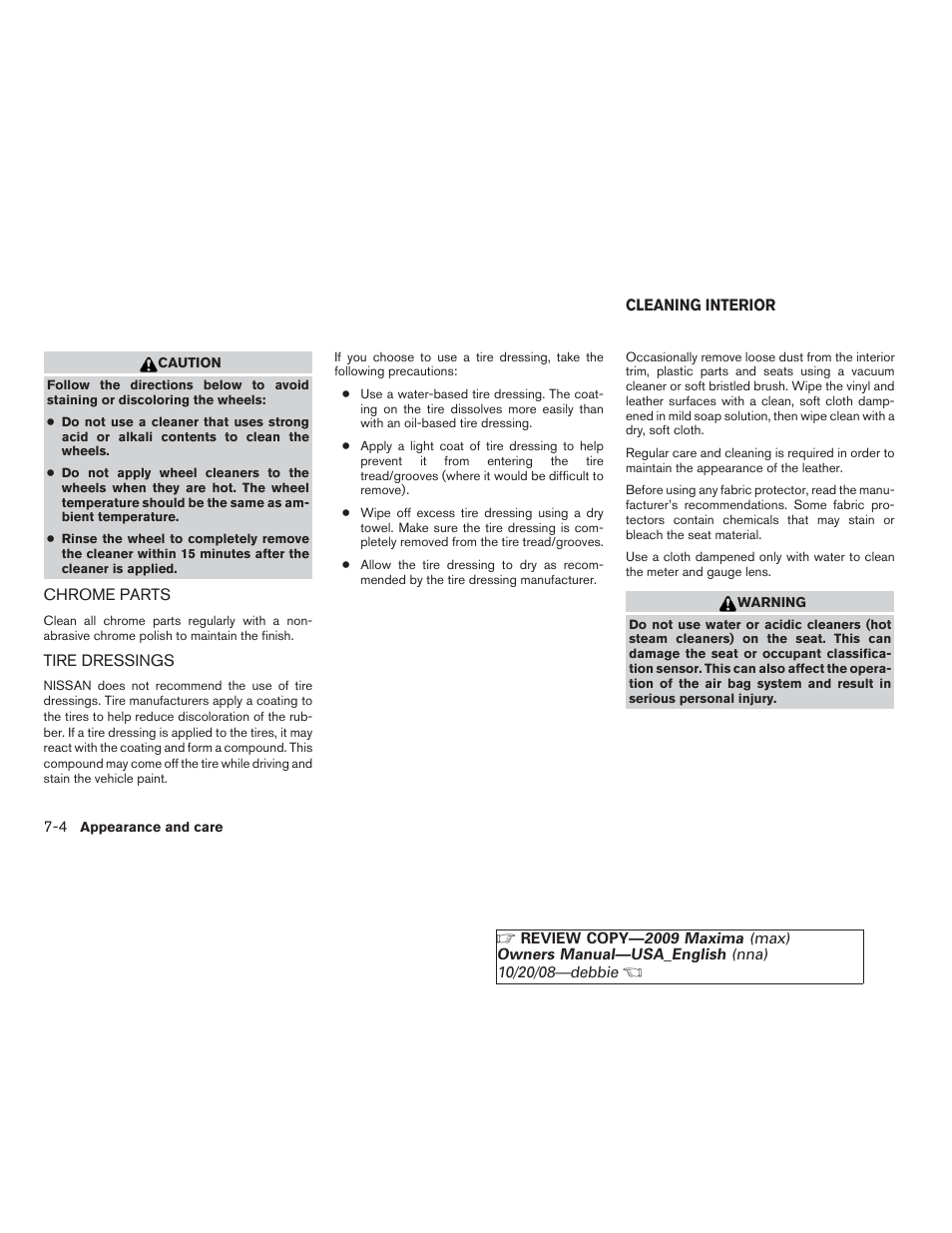 Chrome parts -4 tire dressings -4, Cleaning interior -4 | NISSAN 2009 Maxima - Owner's Manual User Manual | Page 337 / 419