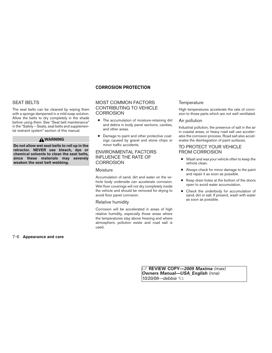 Seat belts -6, Corrosion protection -6 | NISSAN 2009 Maxima - Owner's Manual User Manual | Page 339 / 419