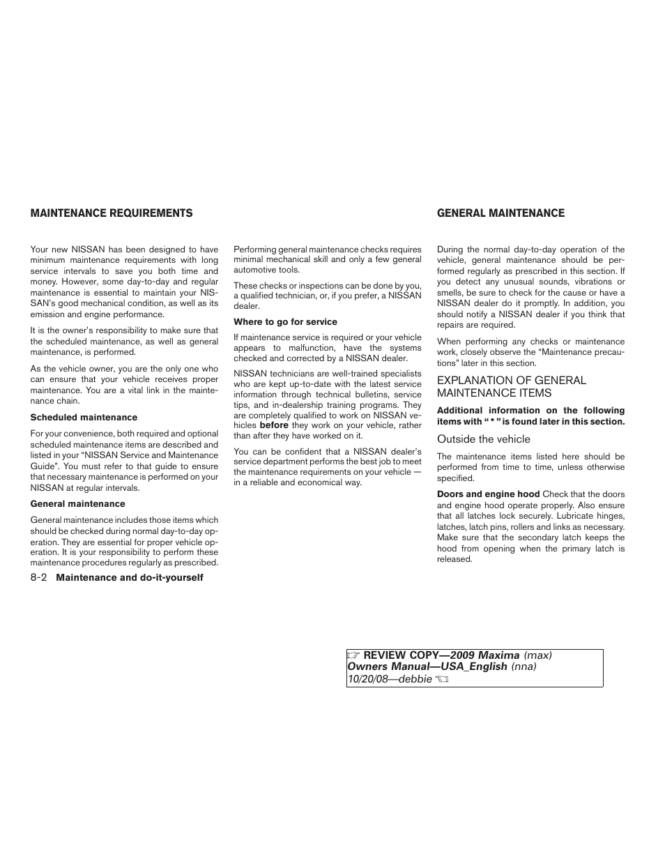 Maintenance requirements -2 general maintenance -2, Explanation of general maintenance items -2 | NISSAN 2009 Maxima - Owner's Manual User Manual | Page 343 / 419