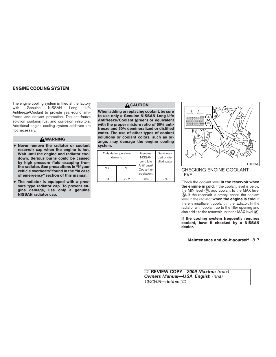 Engine cooling system -7, Checking engine coolant level -7 | NISSAN 2009 Maxima - Owner's Manual User Manual | Page 348 / 419