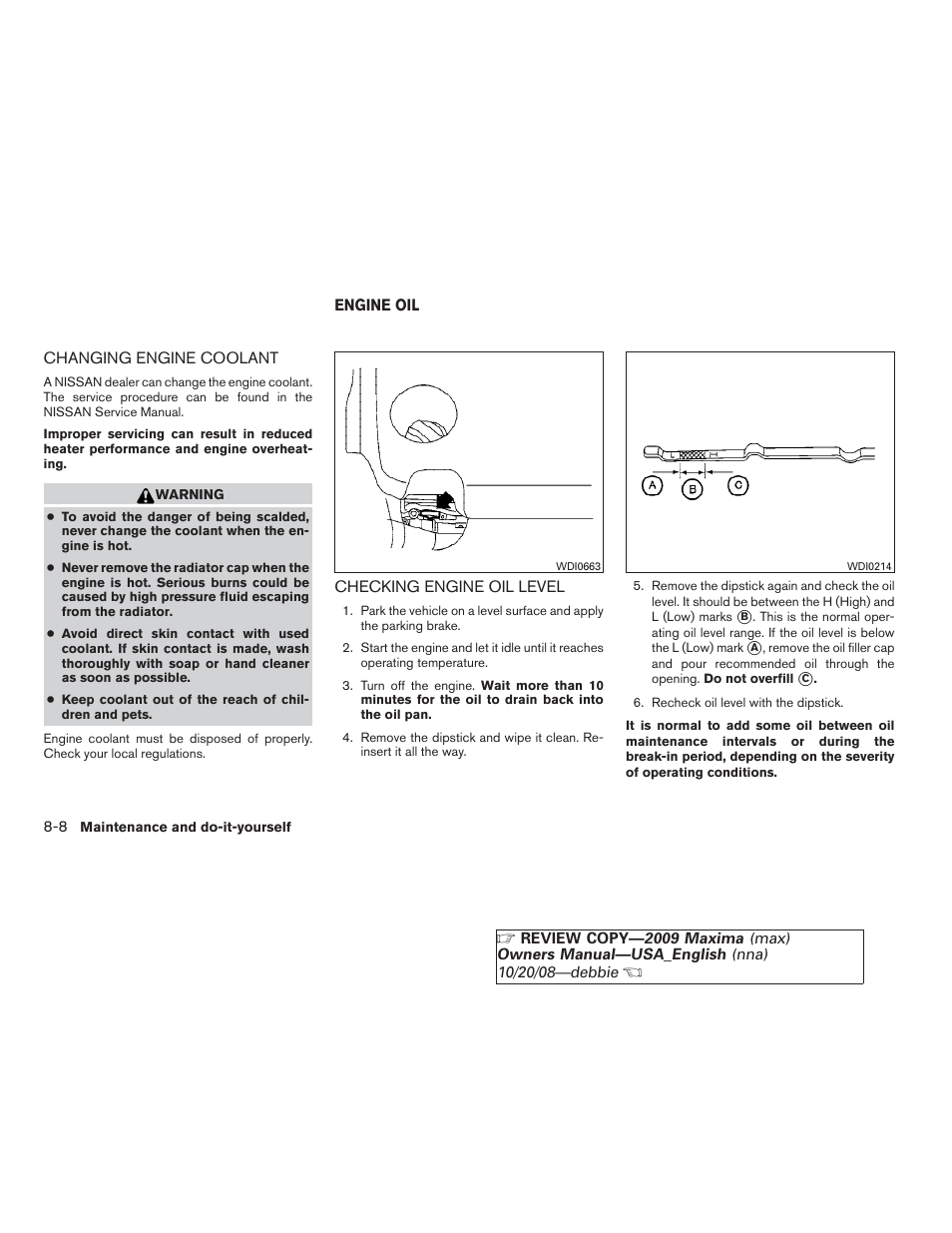 Changing engine coolant -8, Engine oil -8, Checking engine oil level -8 | NISSAN 2009 Maxima - Owner's Manual User Manual | Page 349 / 419