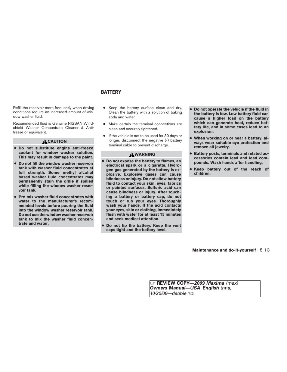 Battery -13 | NISSAN 2009 Maxima - Owner's Manual User Manual | Page 354 / 419