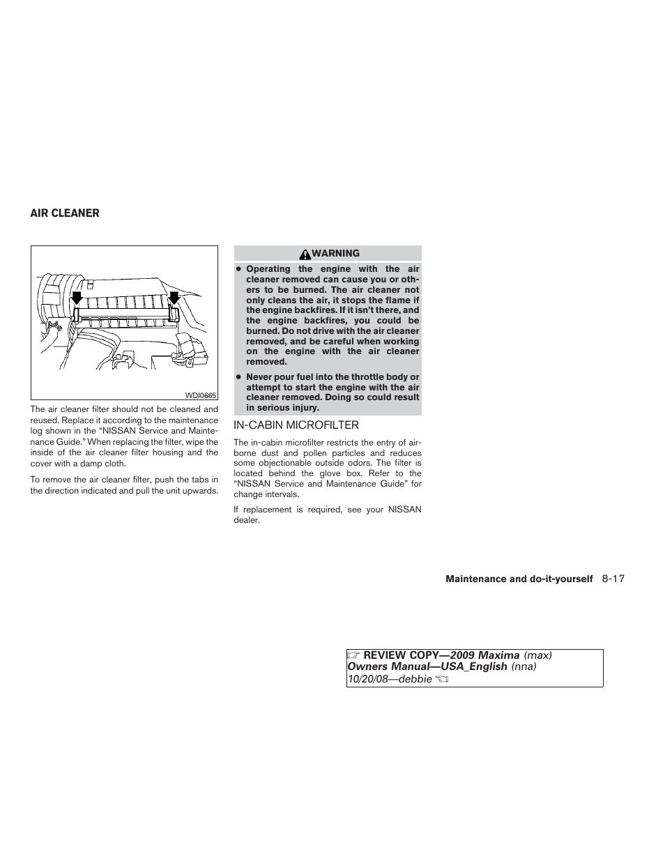 Air cleaner -17, In-cabin microfilter -17 | NISSAN 2009 Maxima - Owner's Manual User Manual | Page 358 / 419