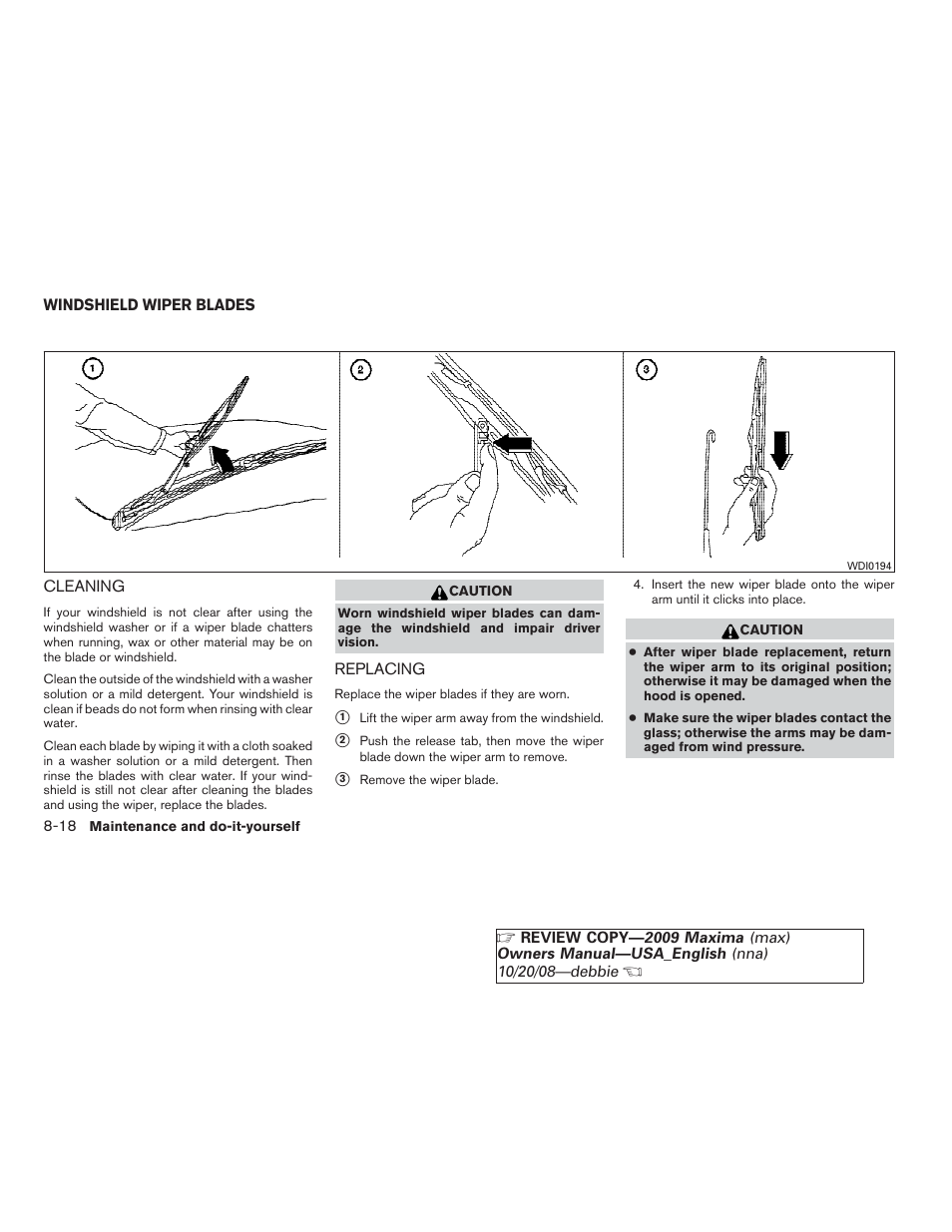 Windshield wiper blades -18, Cleaning -18 replacing -18 | NISSAN 2009 Maxima - Owner's Manual User Manual | Page 359 / 419