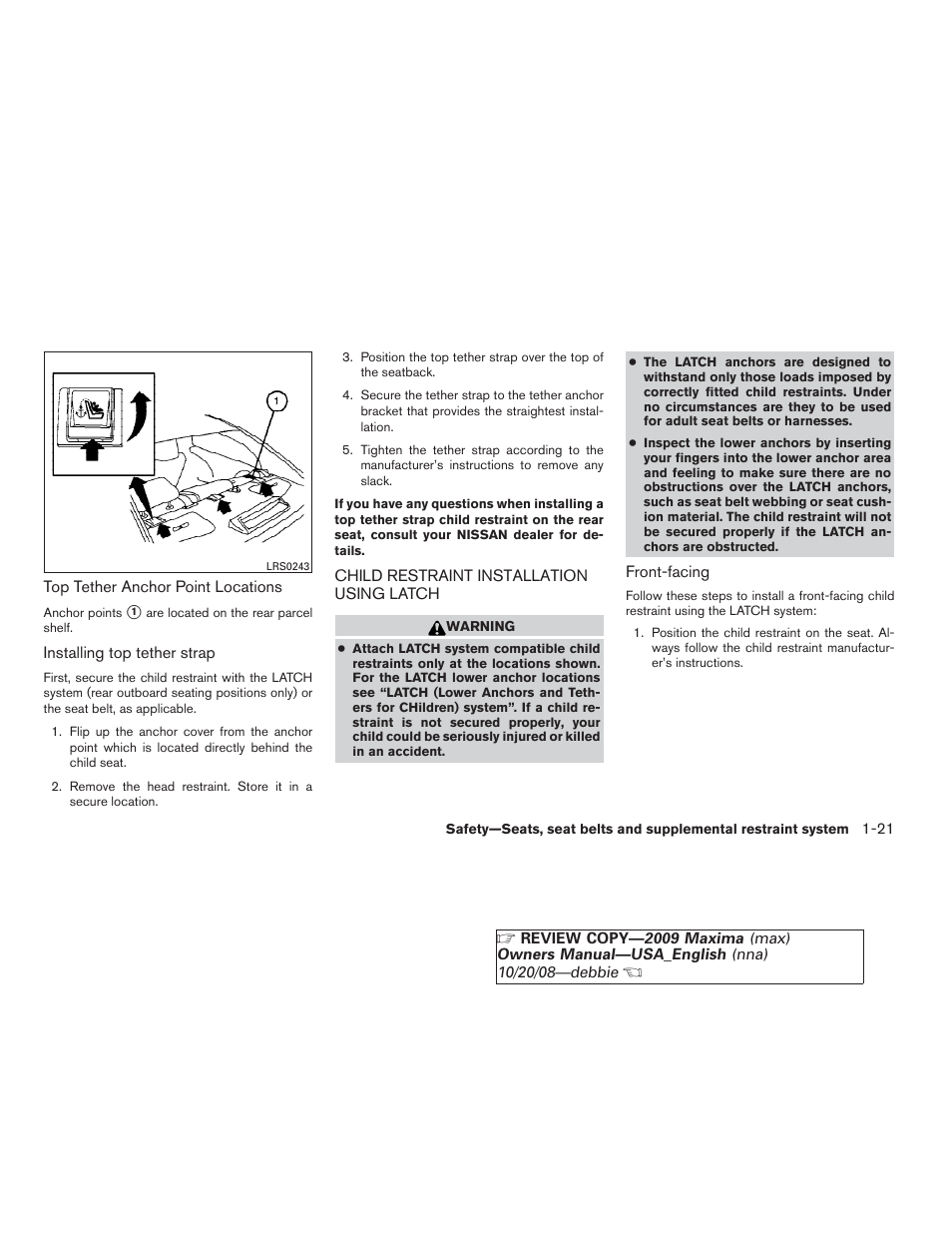 Child restraint installation using latch -21 | NISSAN 2009 Maxima - Owner's Manual User Manual | Page 36 / 419