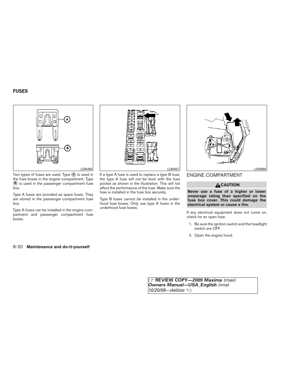 Fuses -20, Engine compartment -20 | NISSAN 2009 Maxima - Owner's Manual User Manual | Page 361 / 419