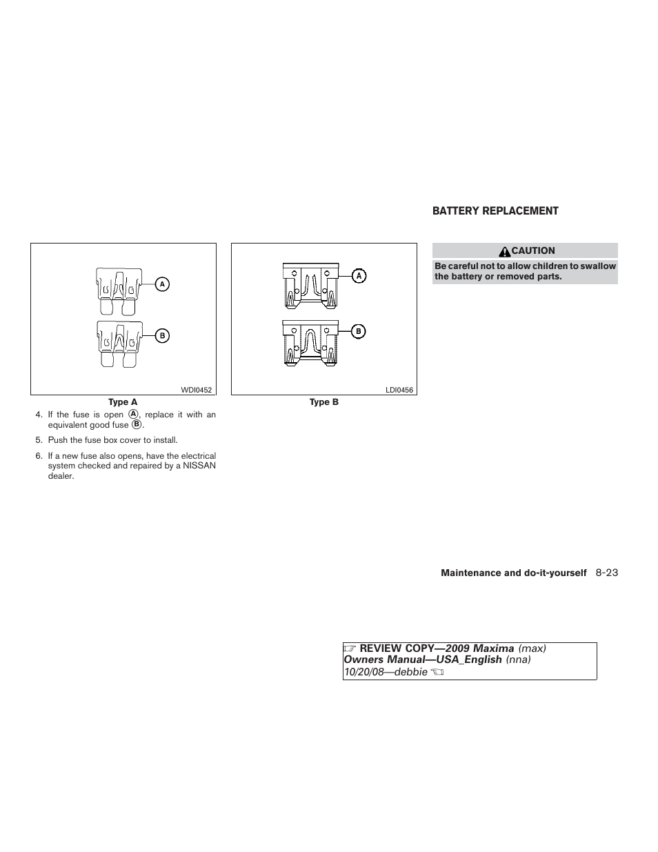 Battery replacement -23 | NISSAN 2009 Maxima - Owner's Manual User Manual | Page 364 / 419