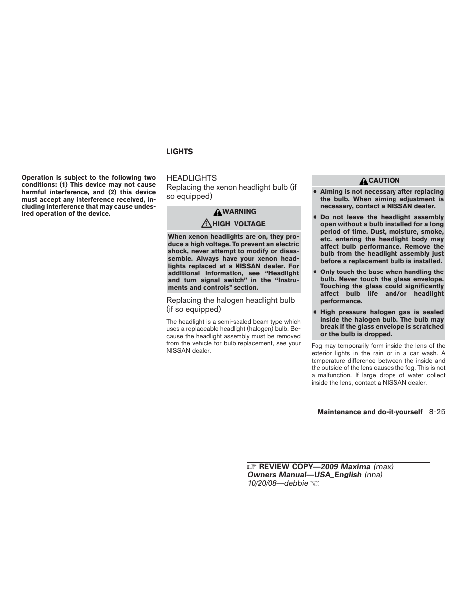 Lights -25, Headlights -25 | NISSAN 2009 Maxima - Owner's Manual User Manual | Page 366 / 419