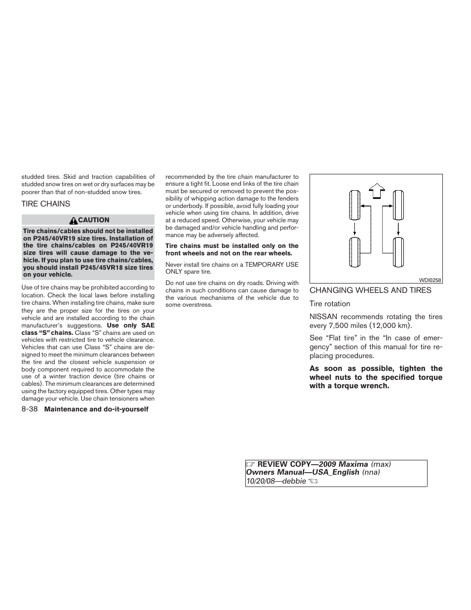 Tire chains -38 changing wheels and tires -38 | NISSAN 2009 Maxima - Owner's Manual User Manual | Page 379 / 419