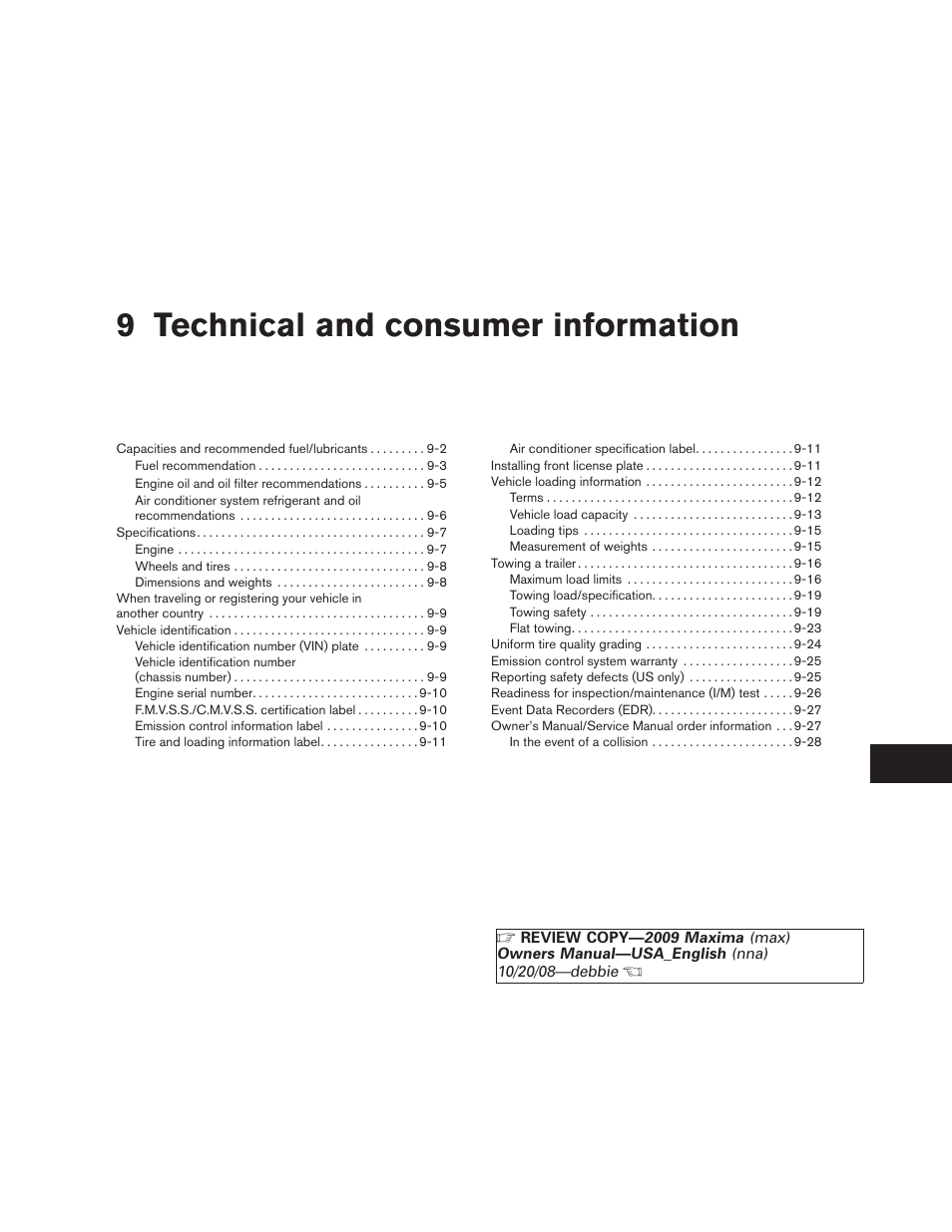 Technical and consumer information, 9 technical and consumer information | NISSAN 2009 Maxima - Owner's Manual User Manual | Page 384 / 419