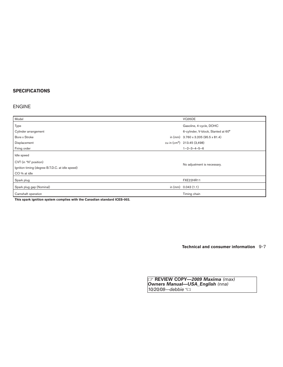 Specifications -7, Engine -7, Engine | Specifications | NISSAN 2009 Maxima - Owner's Manual User Manual | Page 390 / 419