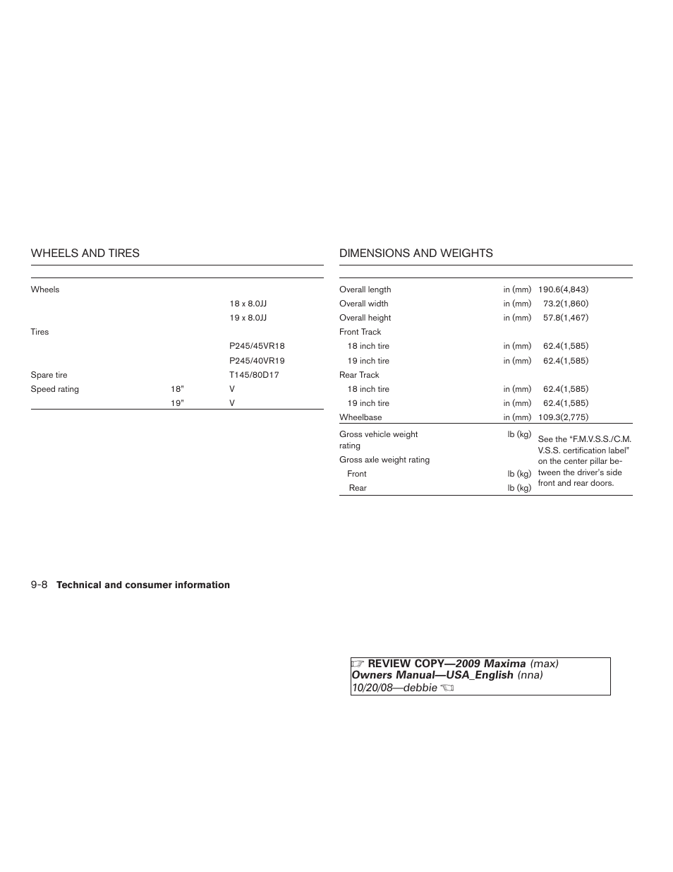 Wheels and tires -8 dimensions and weights -8 | NISSAN 2009 Maxima - Owner's Manual User Manual | Page 391 / 419