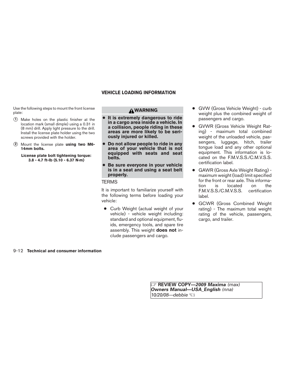 Vehicle loading information -12, Terms -12 | NISSAN 2009 Maxima - Owner's Manual User Manual | Page 395 / 419