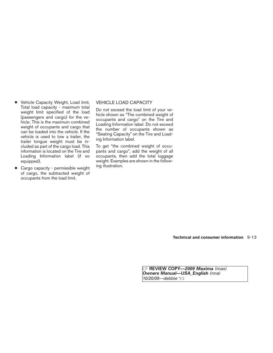 Vehicle load capacity -13 | NISSAN 2009 Maxima - Owner's Manual User Manual | Page 396 / 419