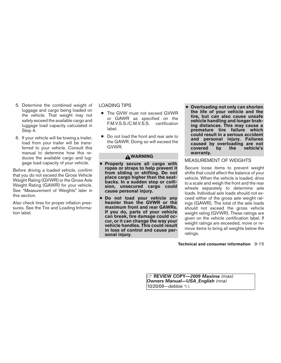 Loading tips -15 measurement of weights -15 | NISSAN 2009 Maxima - Owner's Manual User Manual | Page 398 / 419