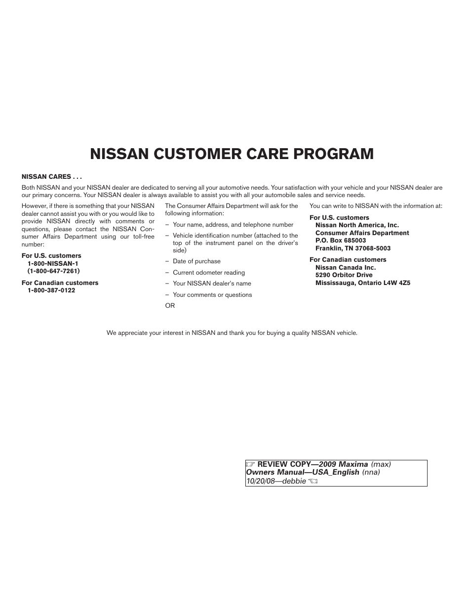 Nissan customer care program | NISSAN 2009 Maxima - Owner's Manual User Manual | Page 4 / 419