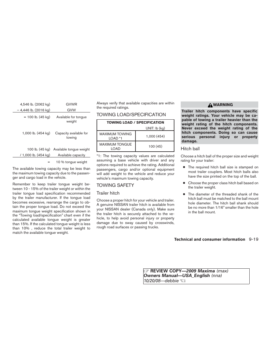 Towing load/specification -19 towing safety -19 | NISSAN 2009 Maxima - Owner's Manual User Manual | Page 402 / 419