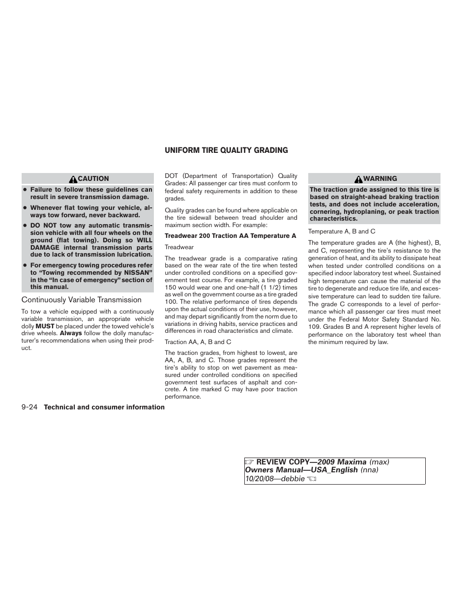 Uniform tire quality grading -24 | NISSAN 2009 Maxima - Owner's Manual User Manual | Page 407 / 419