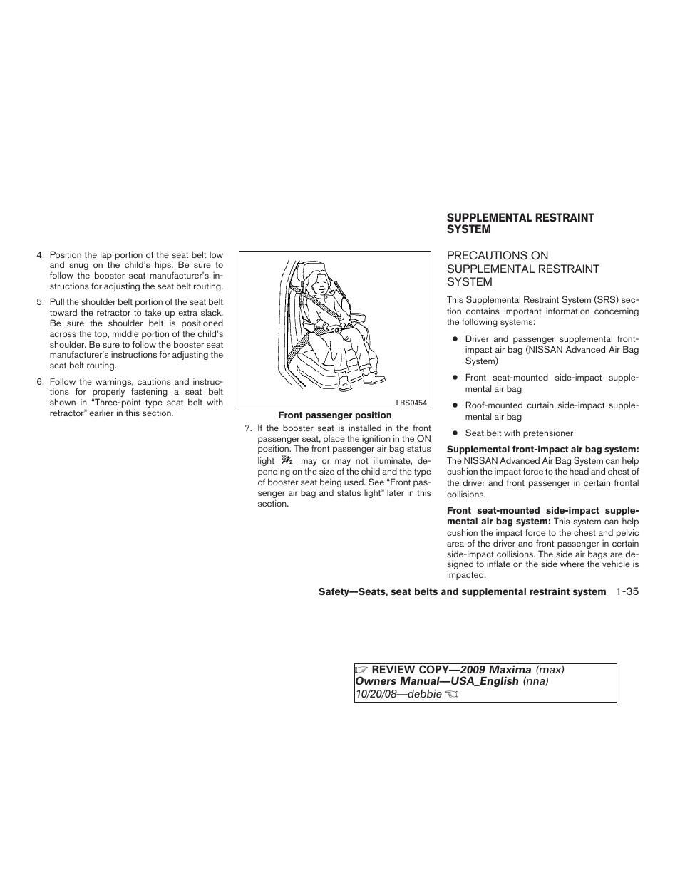 Supplemental restraint system -35, Precautions on supplemental restraint system -35 | NISSAN 2009 Maxima - Owner's Manual User Manual | Page 50 / 419