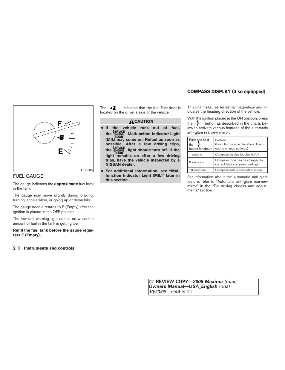 Fuel gauge -6, Compass display (if so equipped) -6 | NISSAN 2009 Maxima - Owner's Manual User Manual | Page 73 / 419